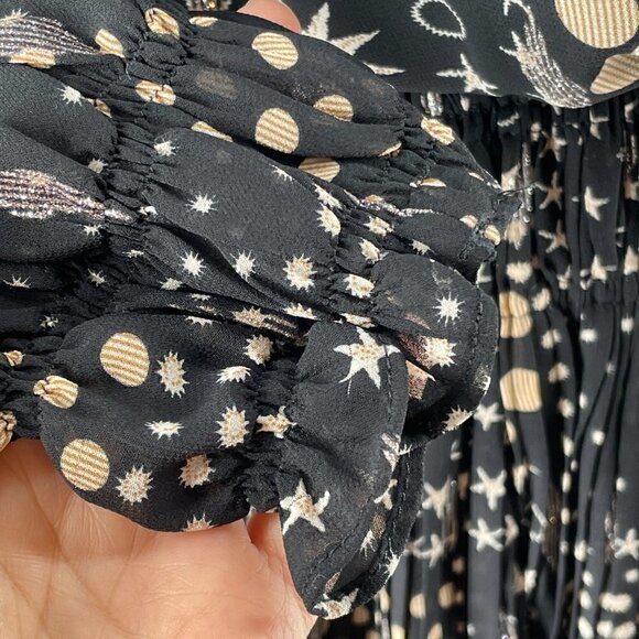 Current Air Black Gold Star Dot Print Long Sleeve Tiered Skirt Boho Mini Dress S - Picture 8 of 14
